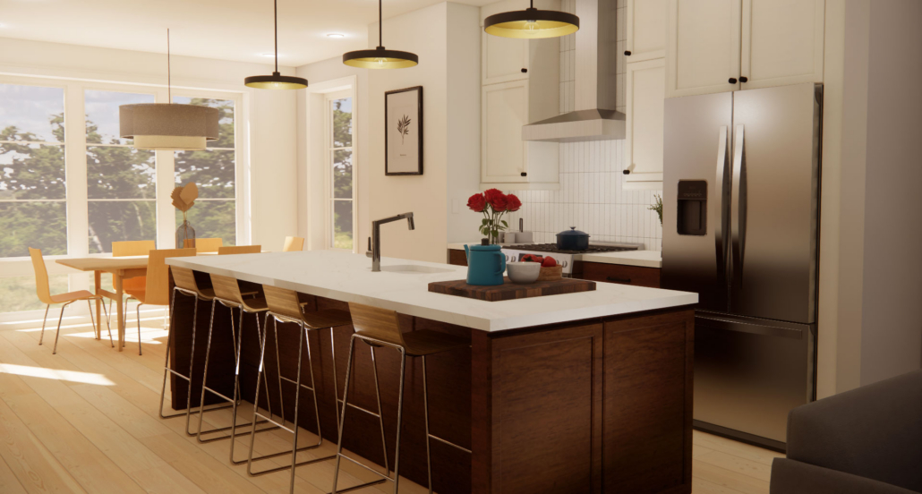 Interior rendering of the kitchen at 629 N Monroe St.
