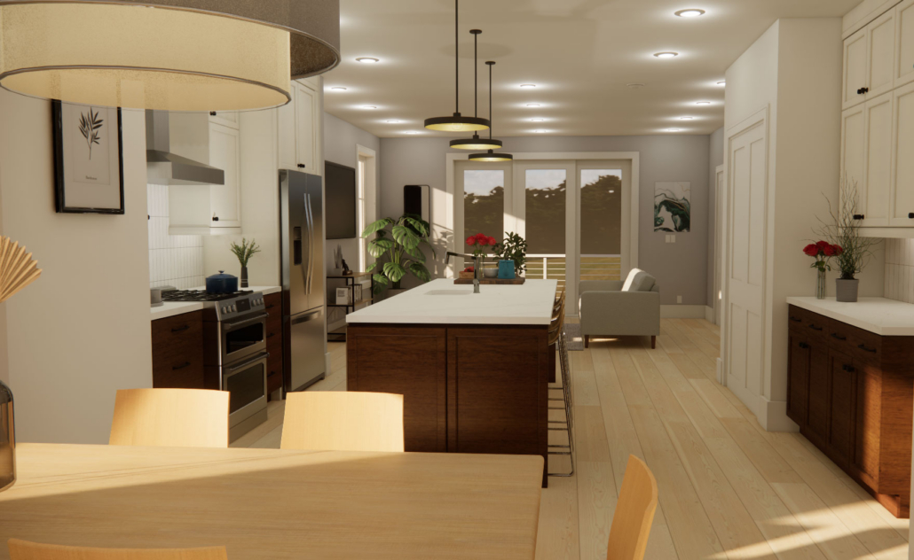 Interior rendering of the kitchen and dining room at 629 N Monroe St.