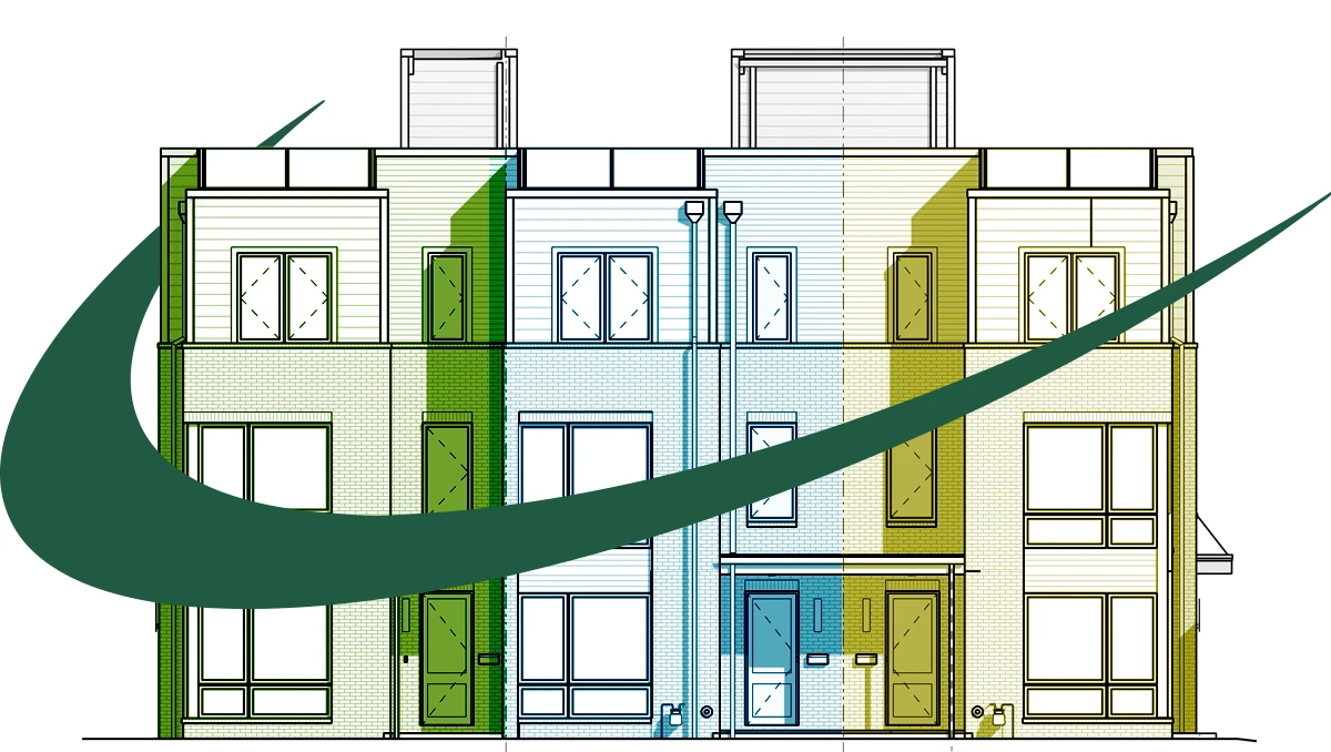 Midtown Partners branded rendering of townhomes with logo placed on top